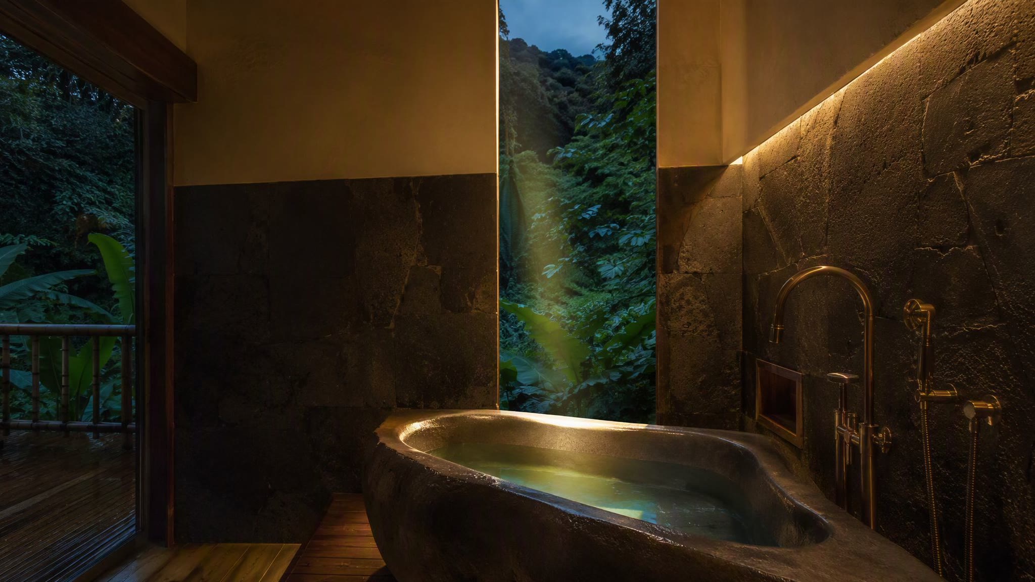 Volcanic stone wet room with a carved stone tub, open to a tall garden slit of green.