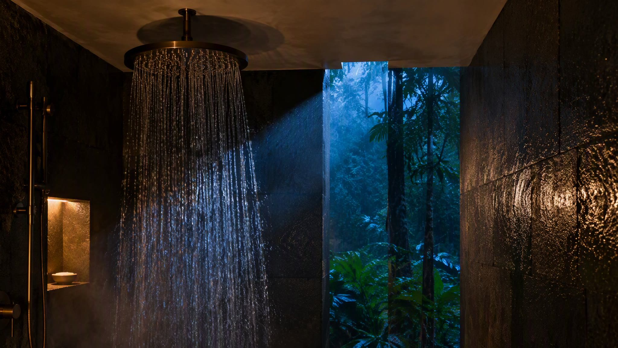 A copper rain head running in a volcanic stone wet room, dusk light through a tall window slot.