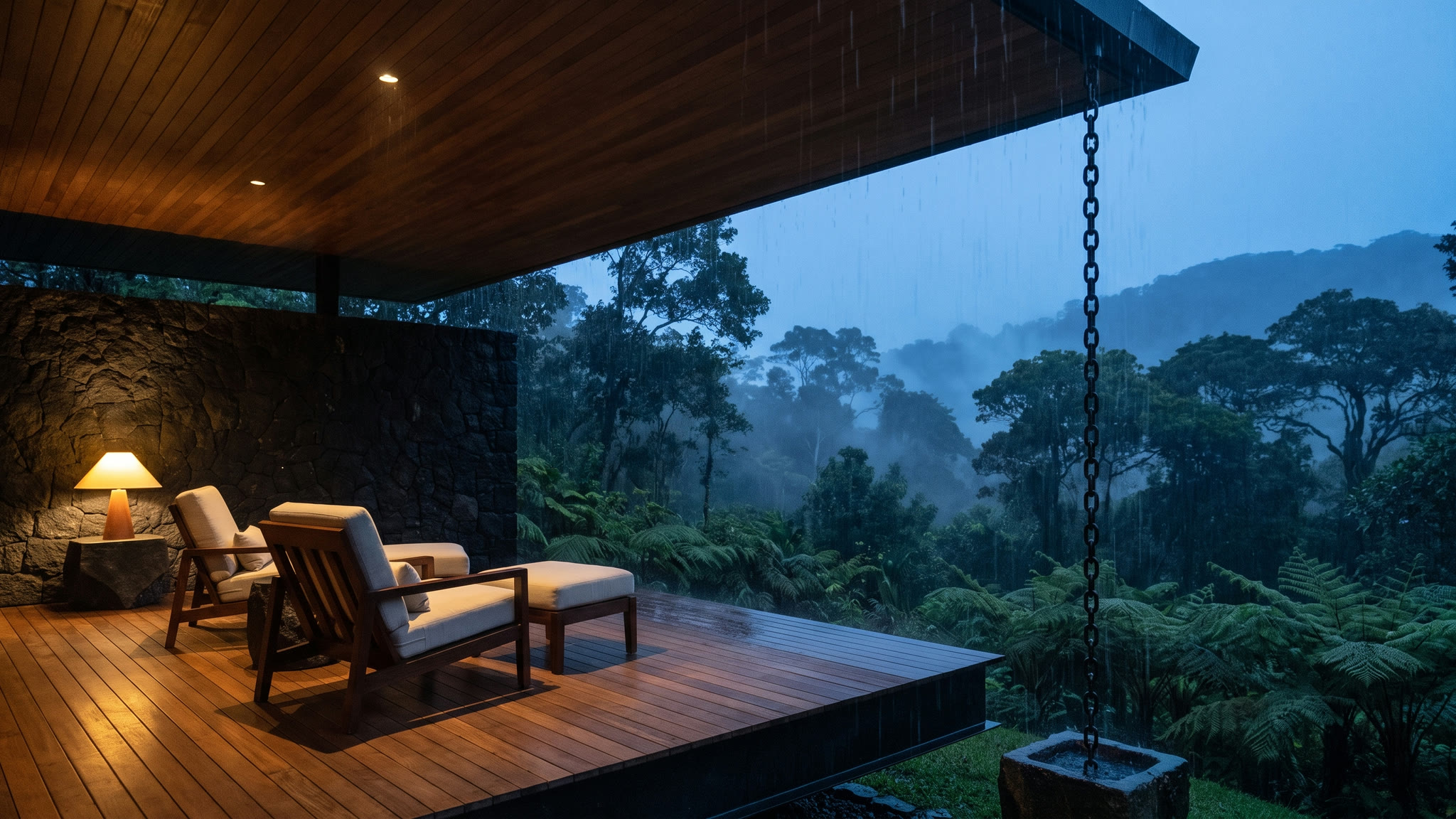 Night terrace at blue hour, one lamp on a dry deck, a rain chain running full beyond the drip line.