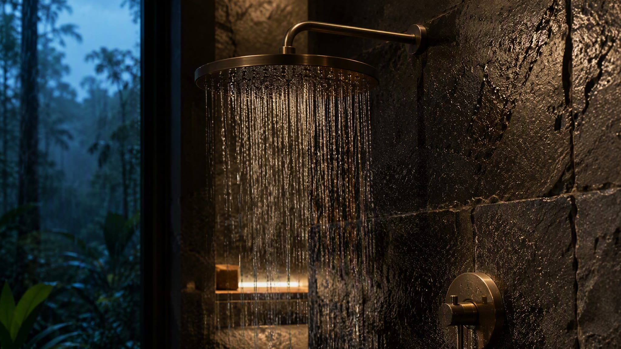 Close-up of an unlacquered copper shower arm and rain head, water running, against wet volcanic stone.