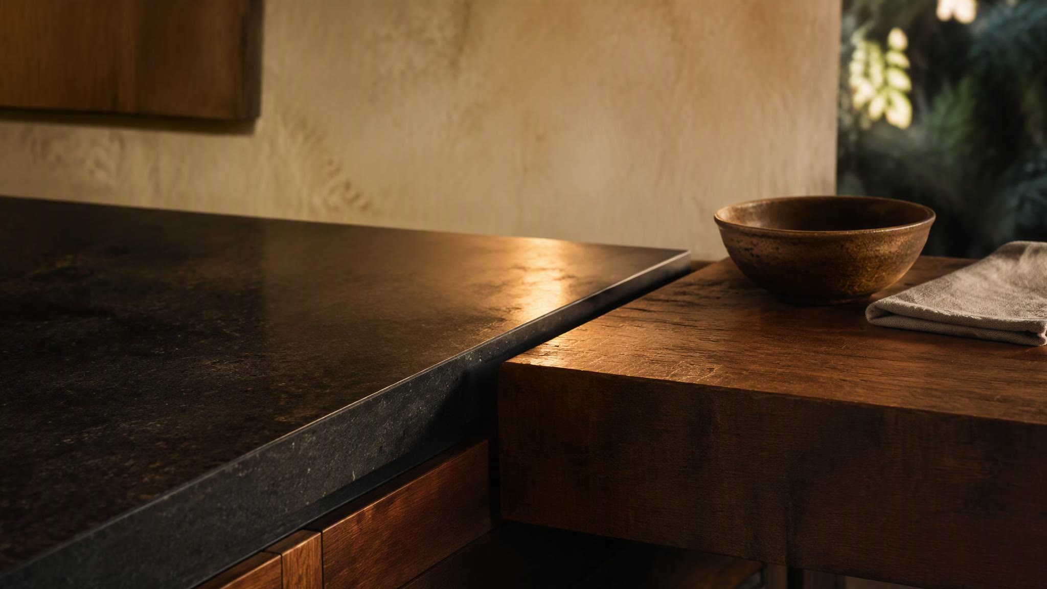 Close-up of pegged hardwood joinery on the kitchen island, wedges and end grain, no visible fasteners.