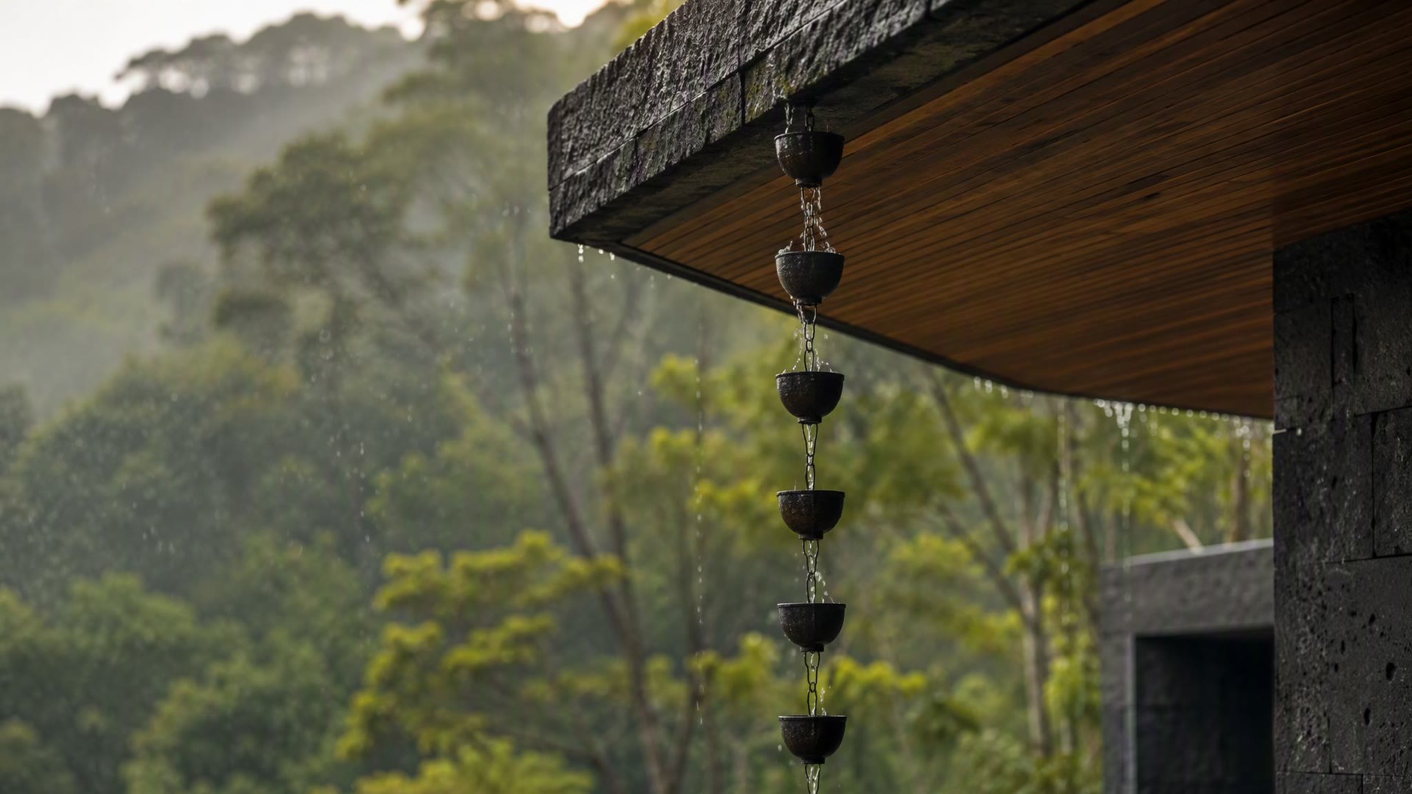 Rain chain hanging from a roof edge at dusk, roof water running down its links into a stone basin.