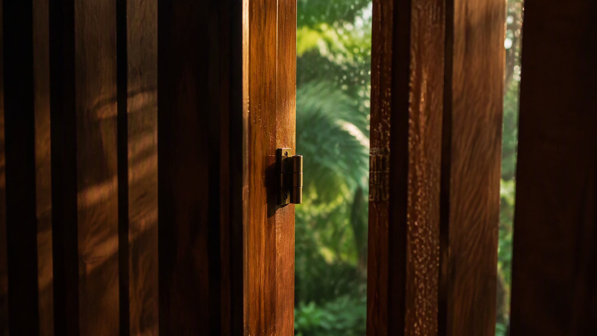 Close-up of hardwood screen slats on a top-hung track, grain darkened by humidity and handling.