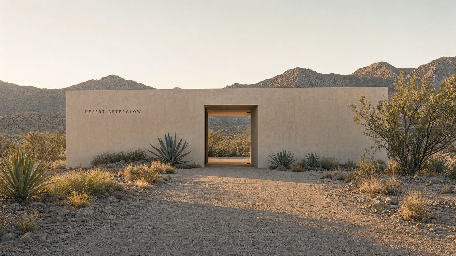 A long plaster wall in low desert sun, cut by one bronze-lined doorway, with agave and mountains behind.