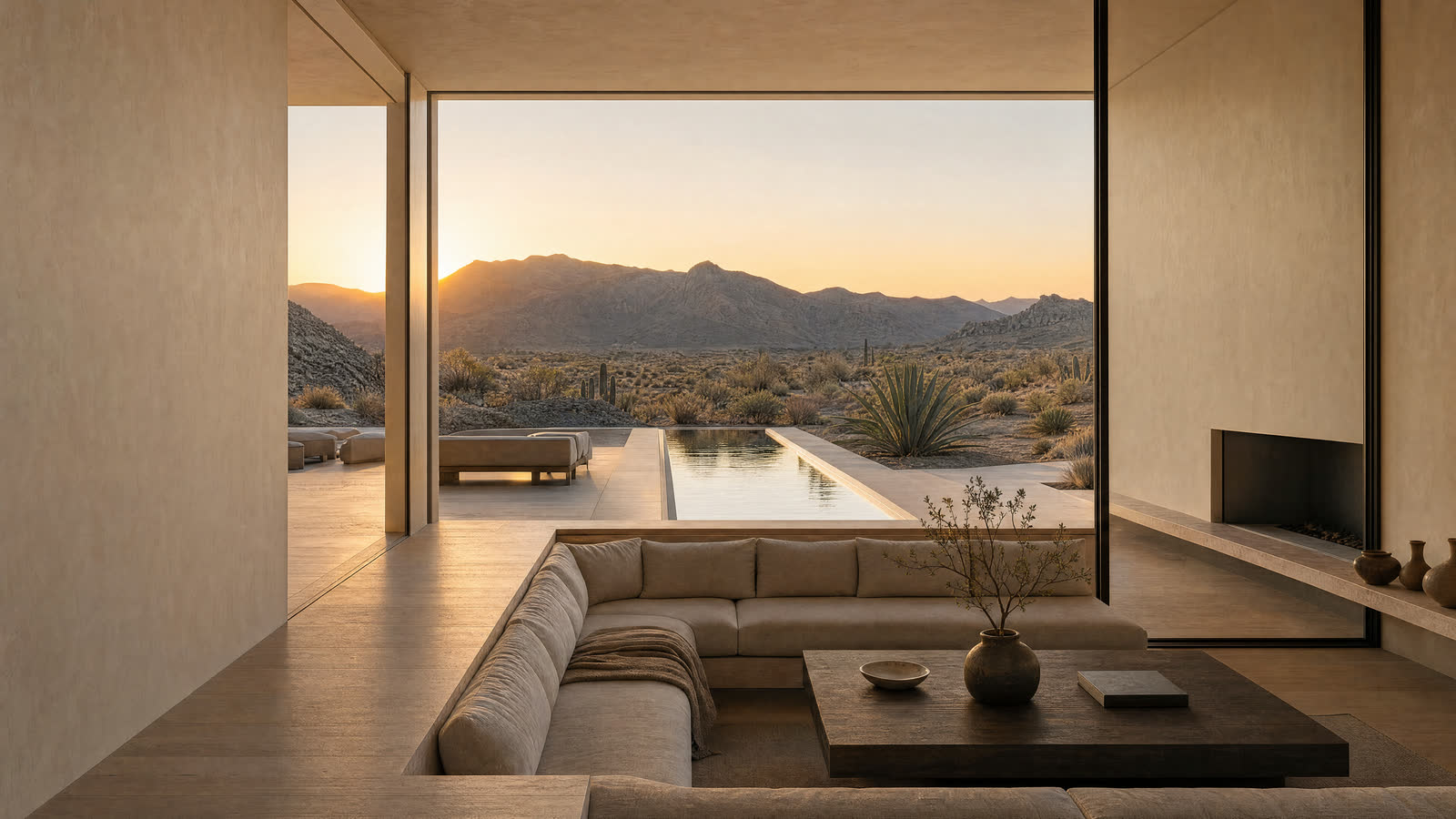 A low sectional and stone table in a sunken living room, open along one whole side to the pool and a setting sun.