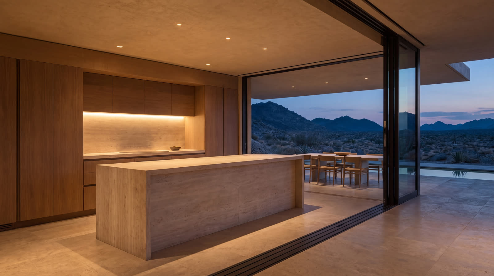 A monolithic travertine kitchen island with a waterfall edge before walnut cabinetry, open to the canopy and pool at dusk.