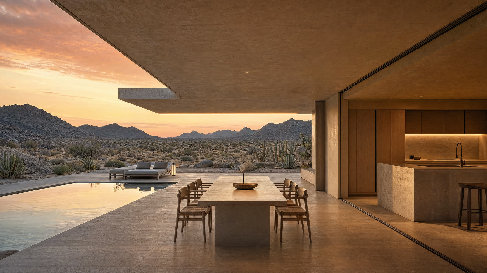 A stone dining table set beneath a deep canopy beside the pool, the kitchen continuing the same plane indoors.