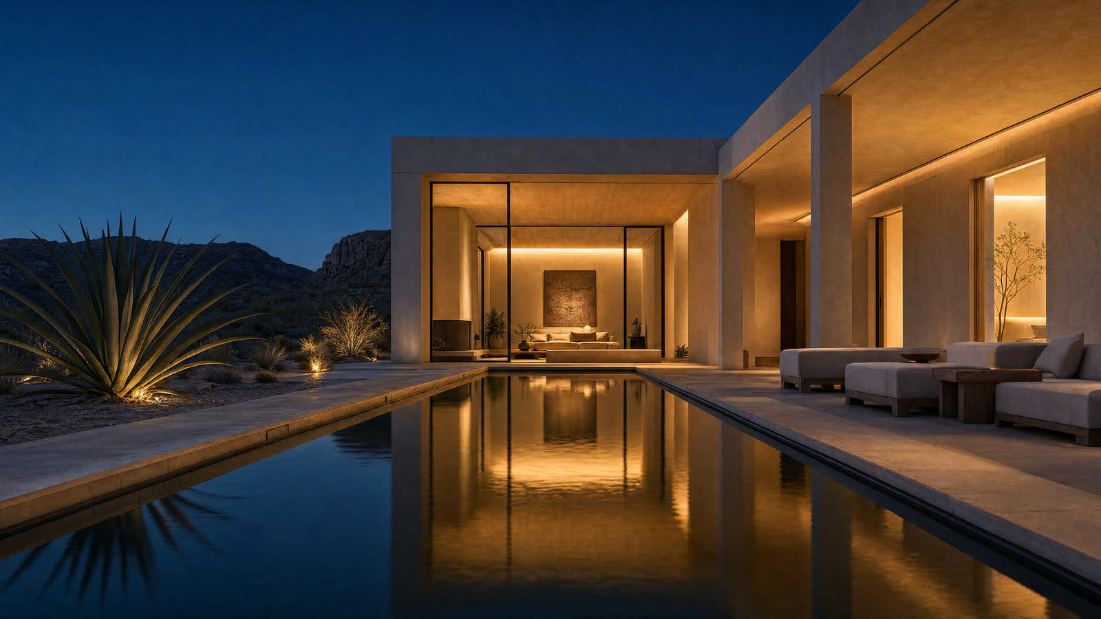 The lit pool held between two wings of the house after dark, an agave in the foreground under deep blue sky.